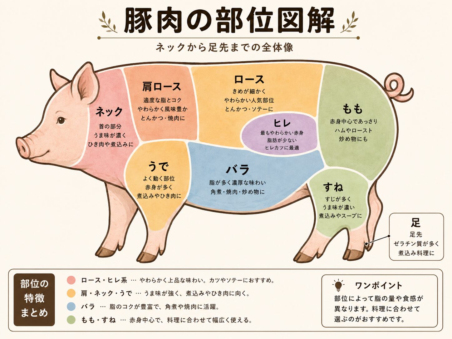 豚肉の部位図解 - 公式7部位(かた・かたロース・ロース・ばら・もも・そともも・ヒレ)の位置を示す解説図