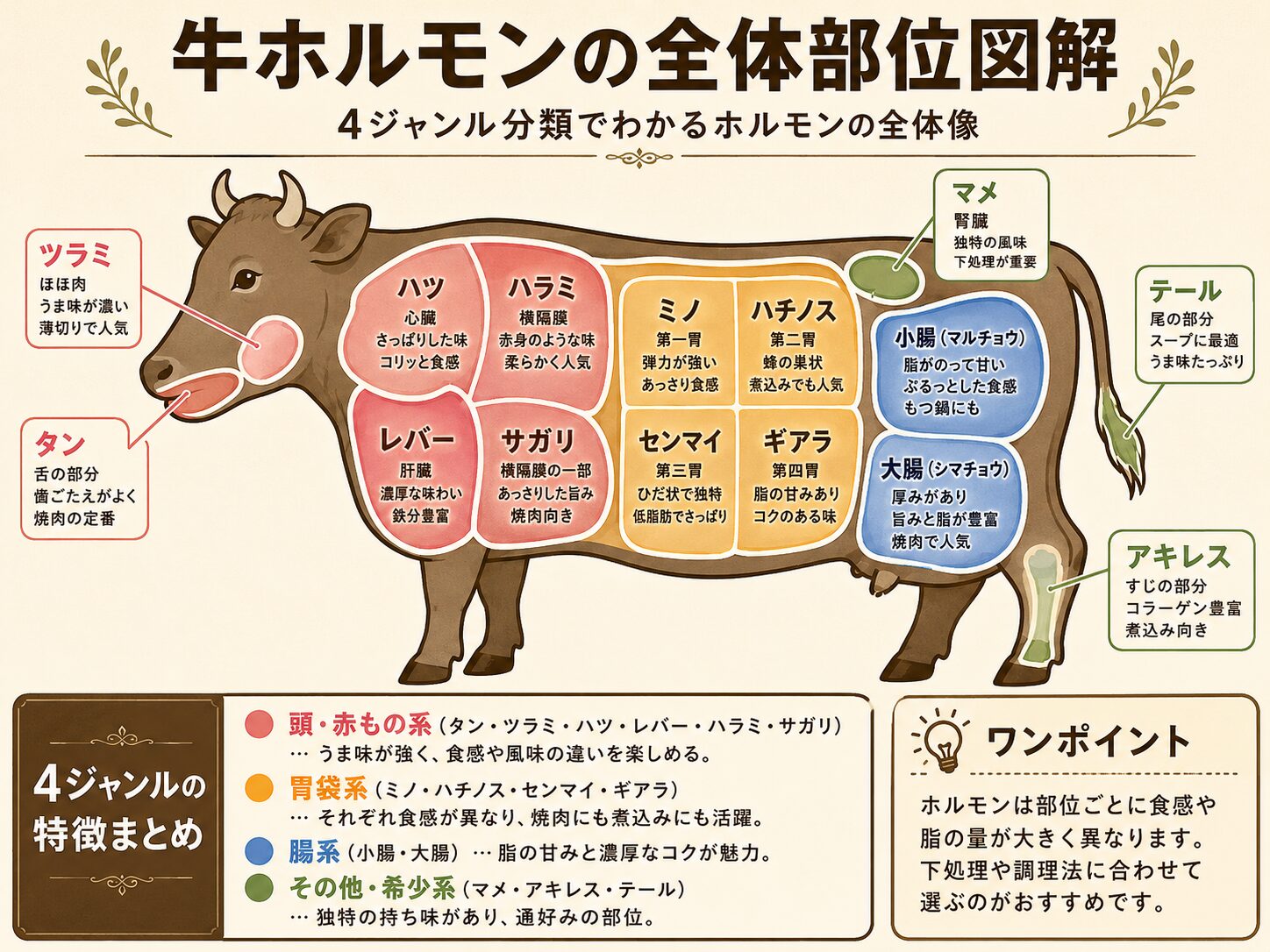 牛ホルモンの部位図解