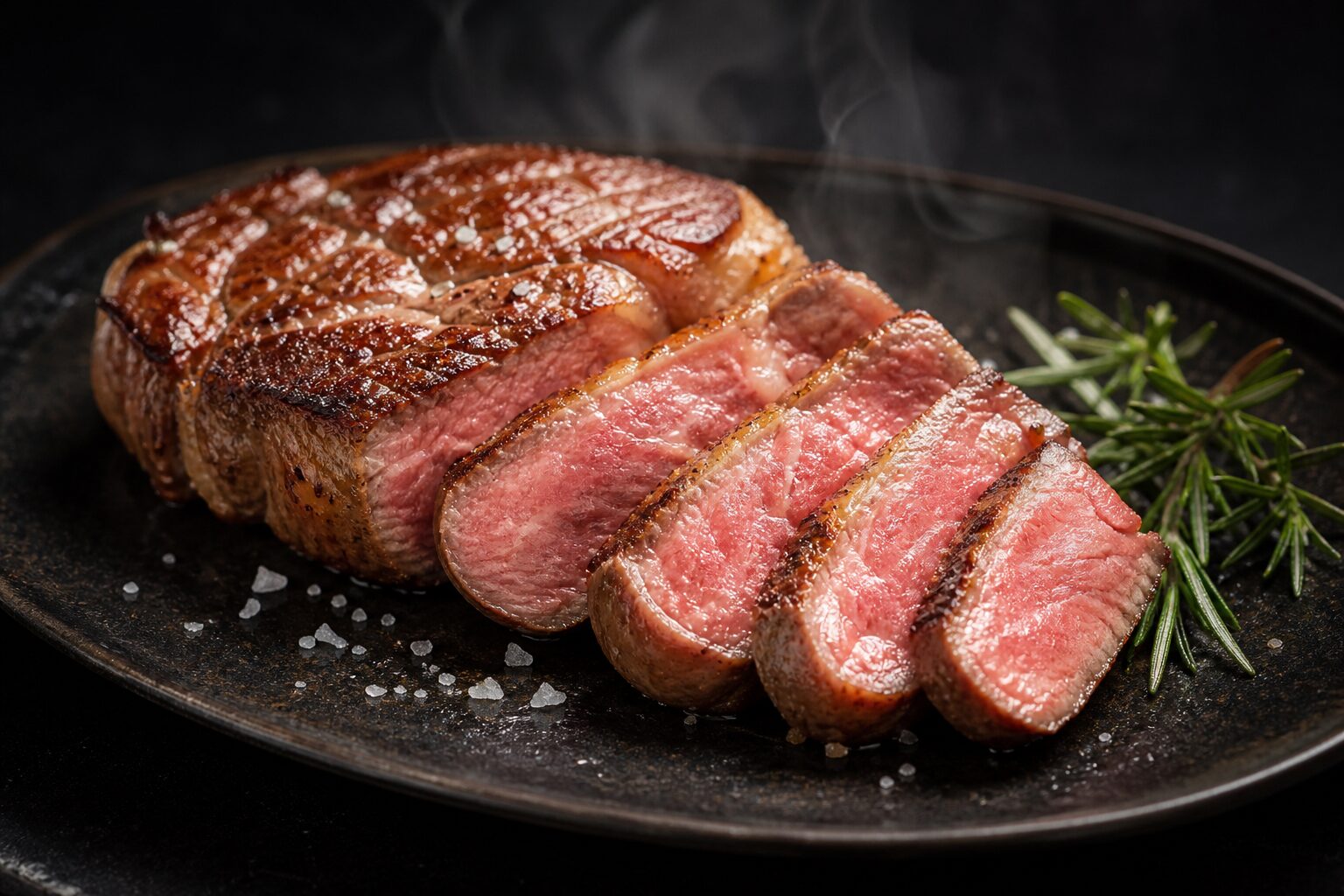 ミディアムレアに焼き上げたミスジのステーキ