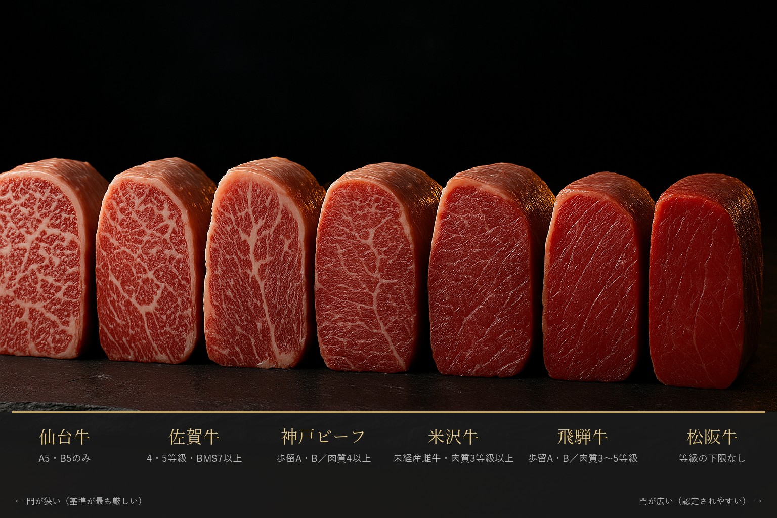 仙台牛・佐賀牛・神戸ビーフ・米沢牛・飛騨牛・松阪牛の格付基準の違いを表す霜降り具合の比較写真