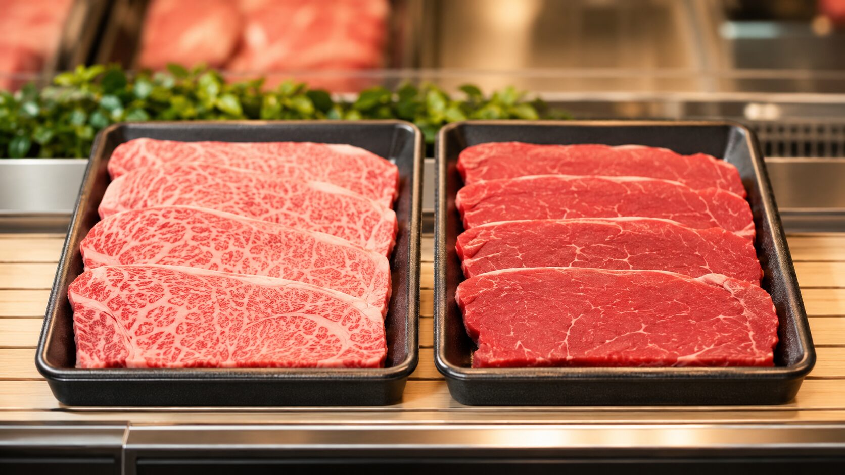 和牛と国産牛の断面(サシと赤身)の比較