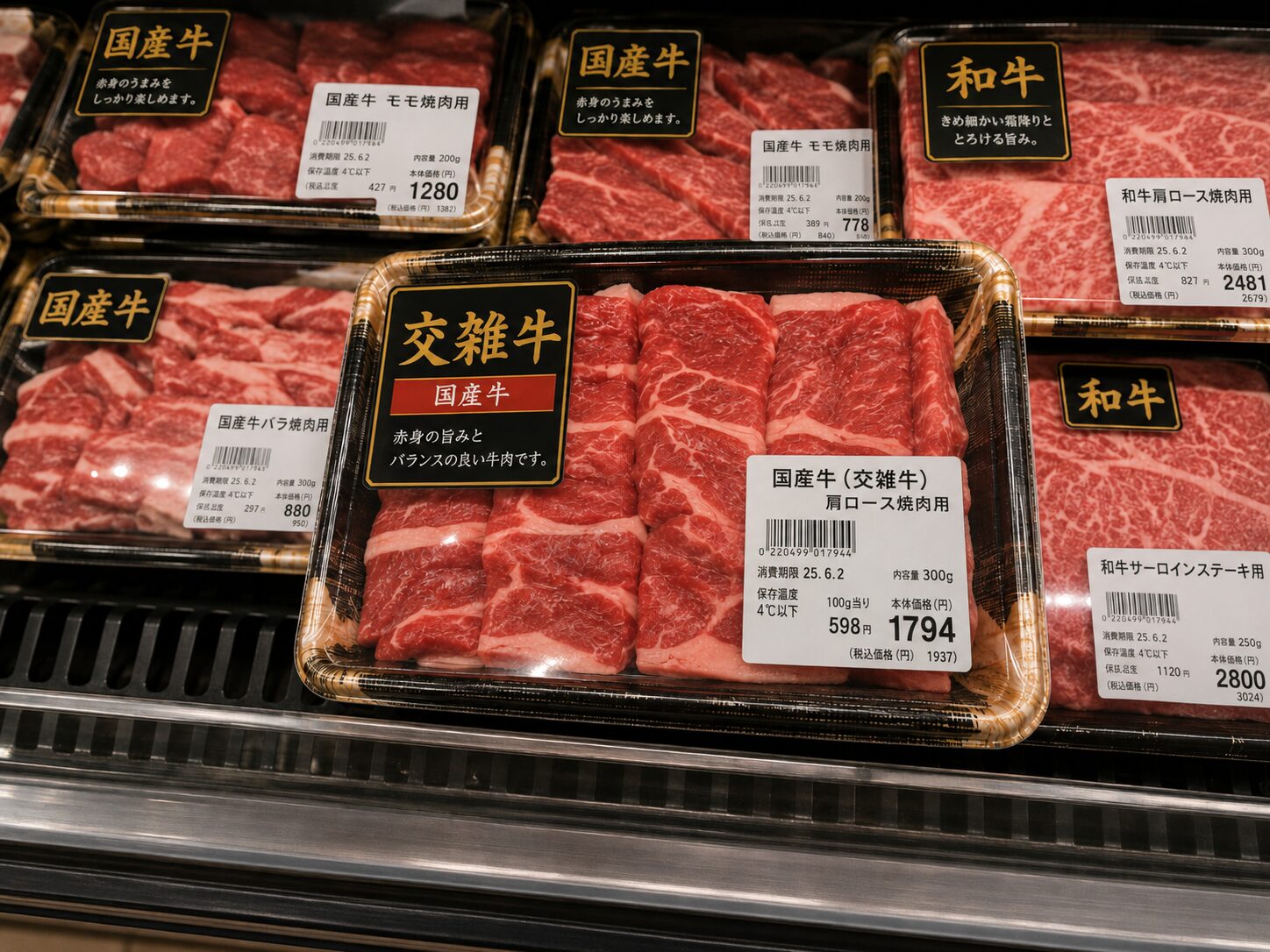 スーパーの精肉売り場に並ぶ国産牛・交雑牛・和牛のパック