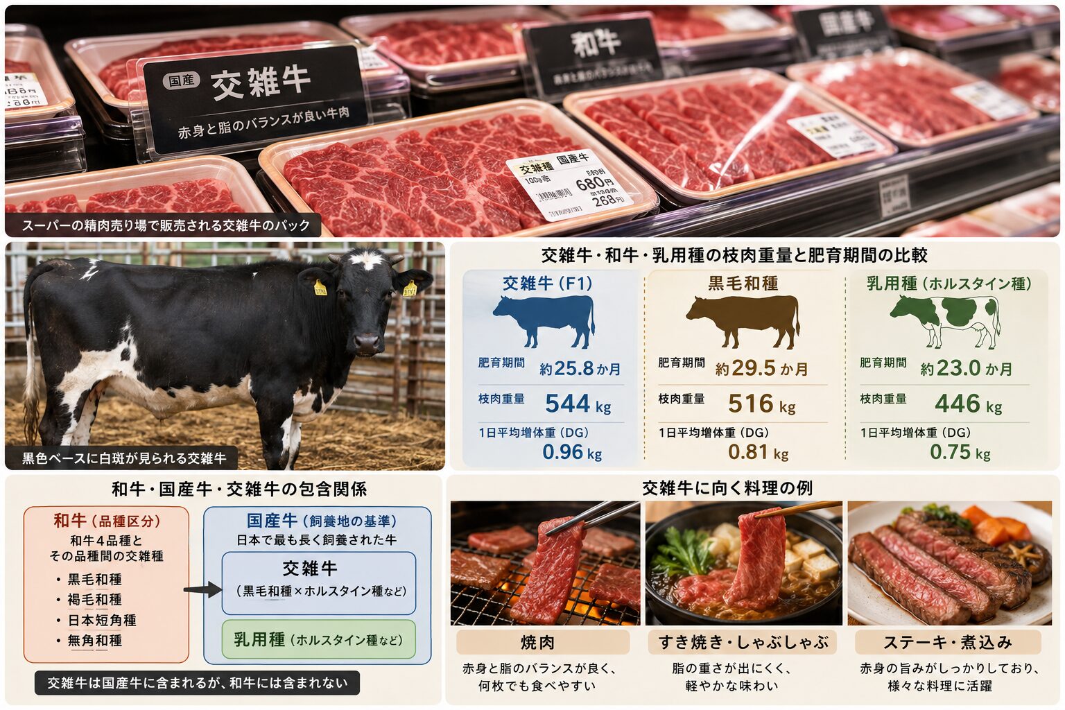 交雑牛、和牛、乳用種の枝肉重量と肥育期間の比較図
