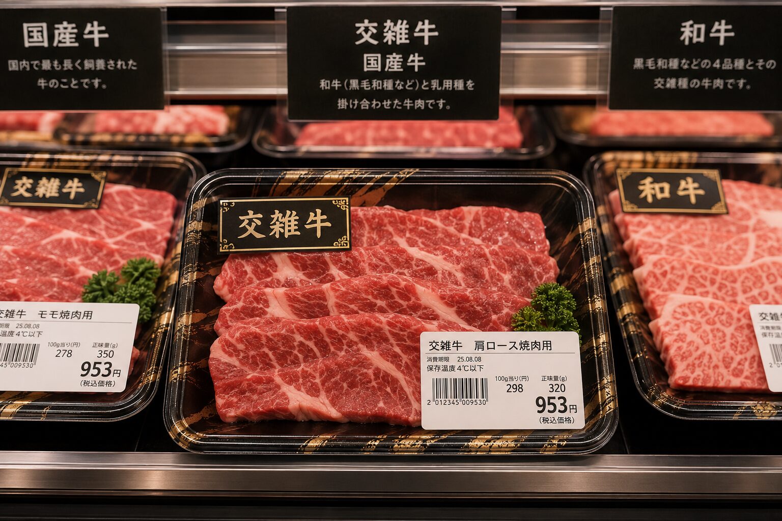スーパーの精肉売り場で販売される交雑牛のパック