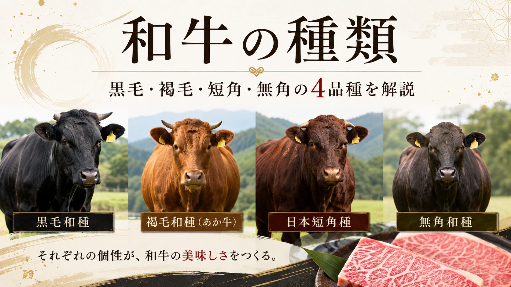 和牛の種類（黒毛・褐毛・短角・無角の4品種）
