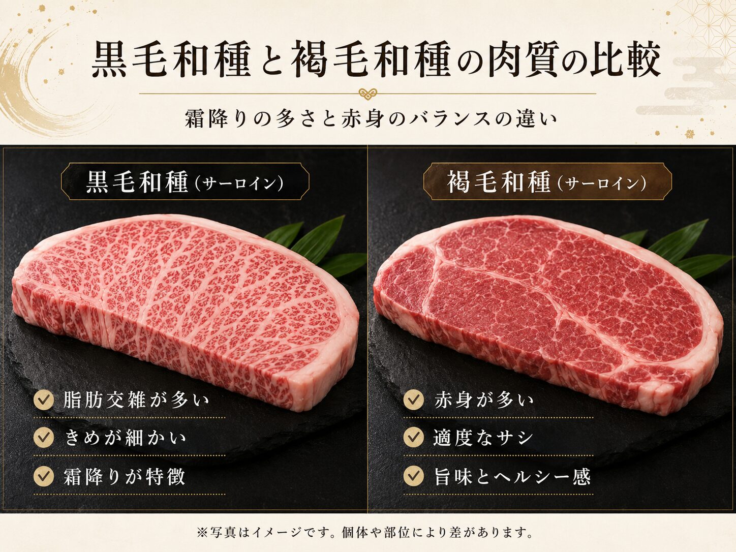 黒毛和種と褐毛和種のサーロイン比較
