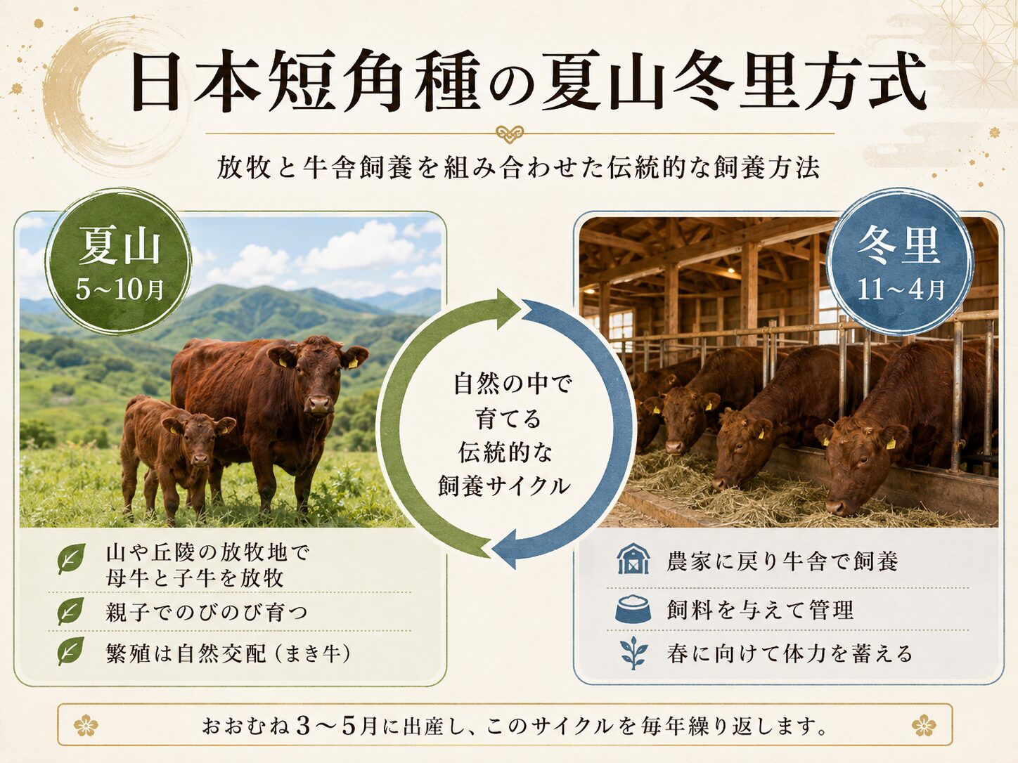日本短角種の夏山冬里方式のイラスト