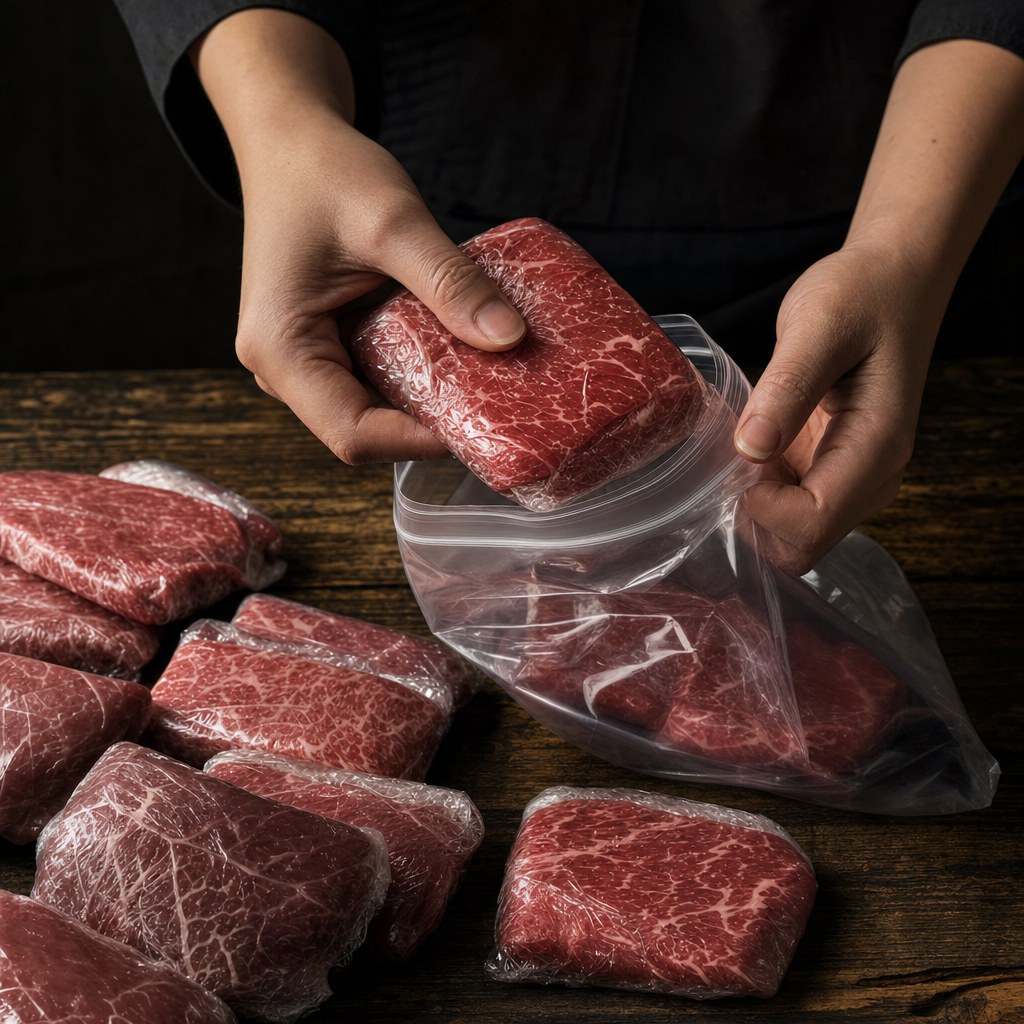 ラップと保存袋で包んだ牛肉の冷蔵保存