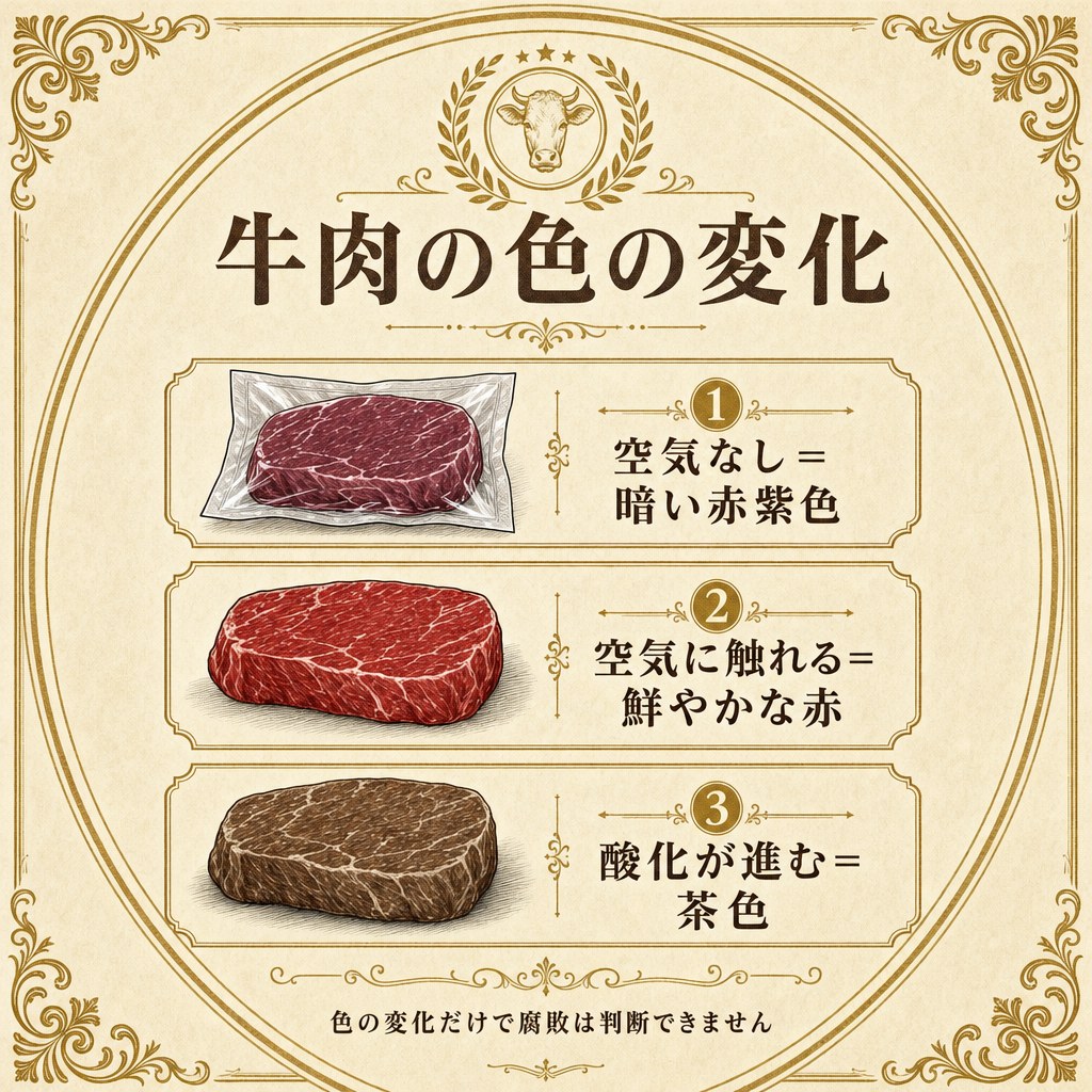 牛肉の色の変化のインフォグラフィック