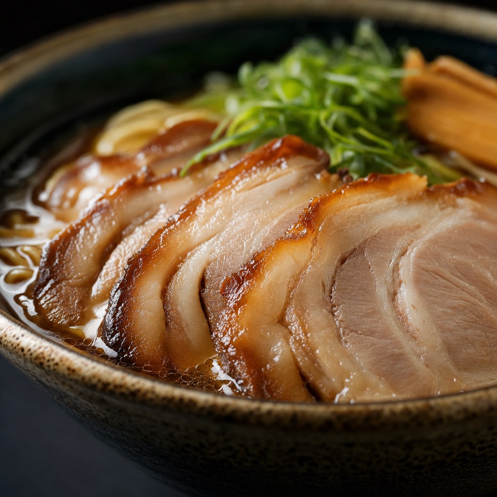 ラーメンにのった自家製チャーシューのスライス