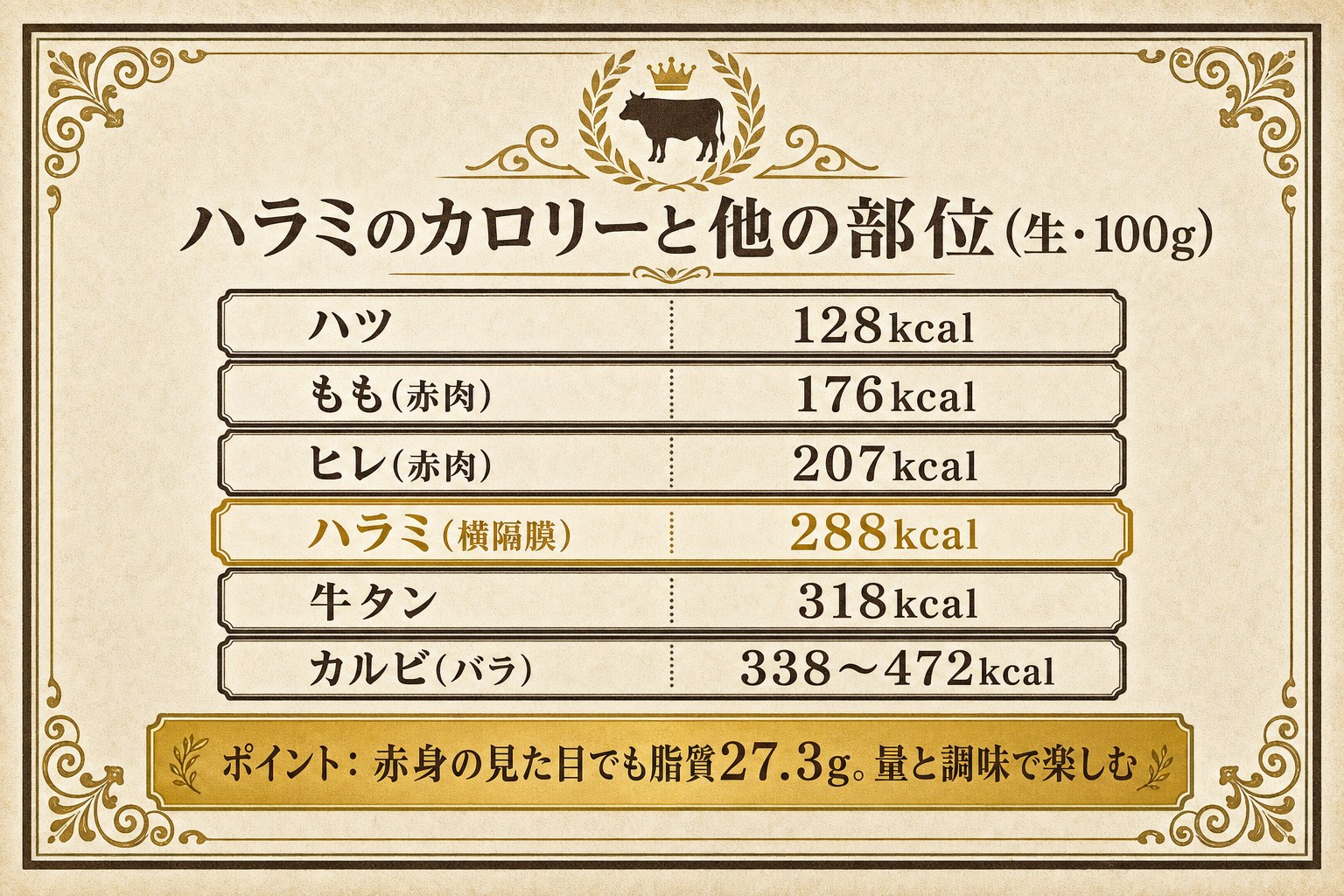 ハラミと他の部位のカロリー比較