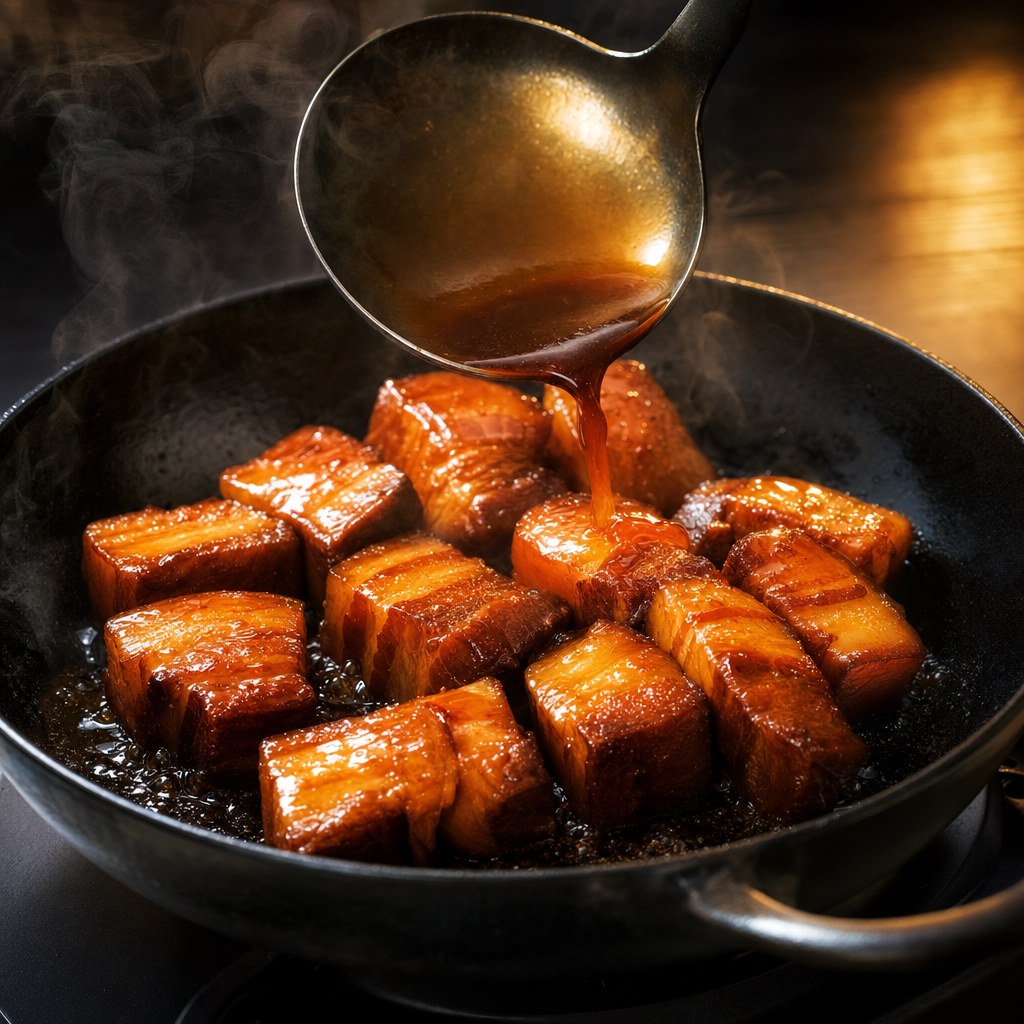 煮汁をかけて照りを出す角煮