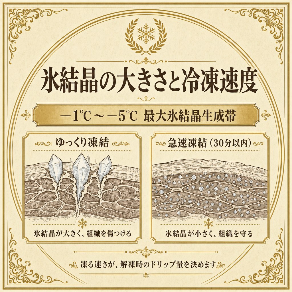 氷結晶の大きさと冷凍速度のインフォグラフィック