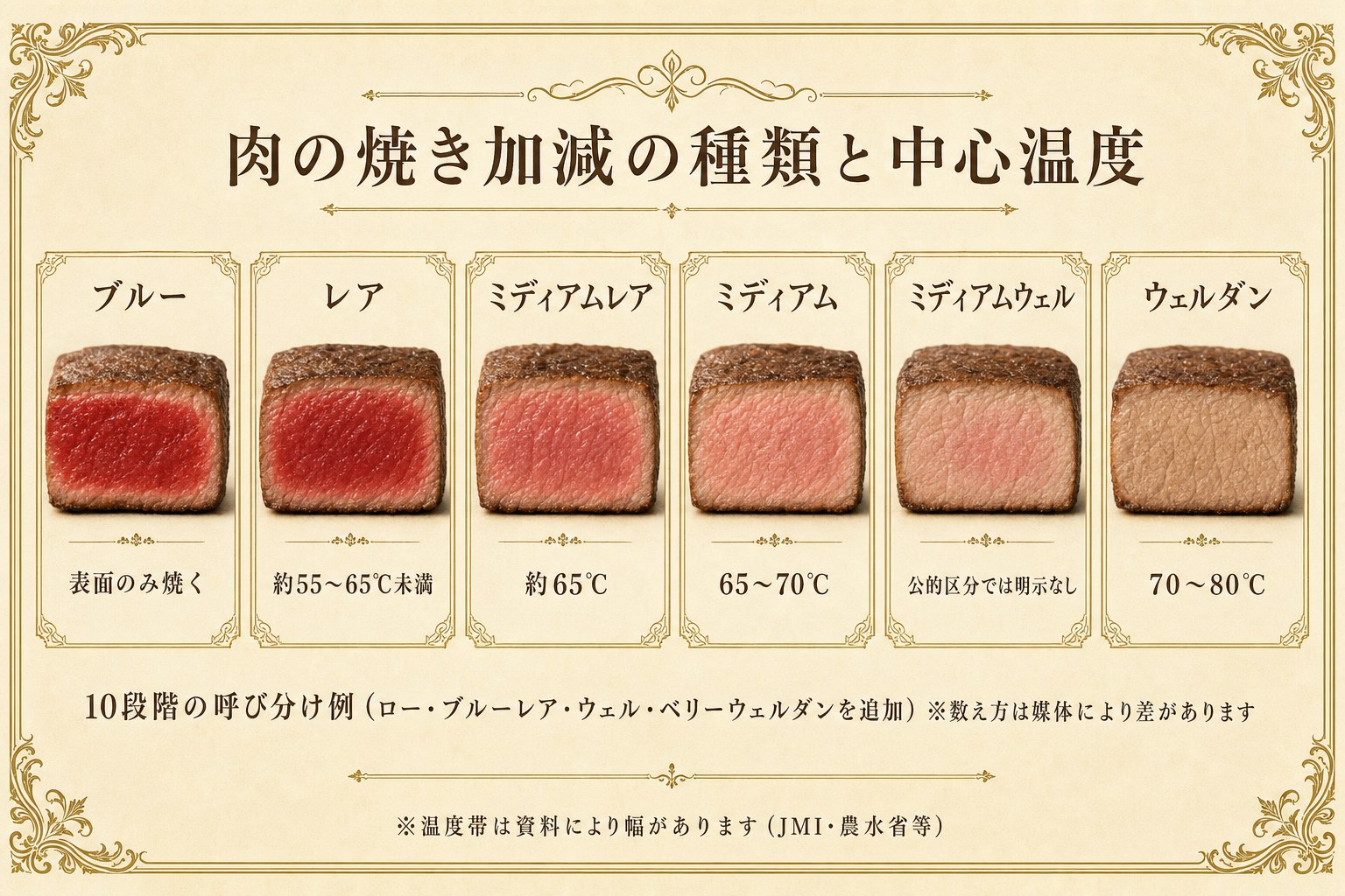 肉の焼き加減10種類と中心温度の図解