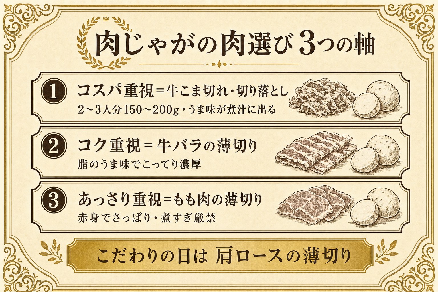 肉じゃがの肉選び3軸マップ