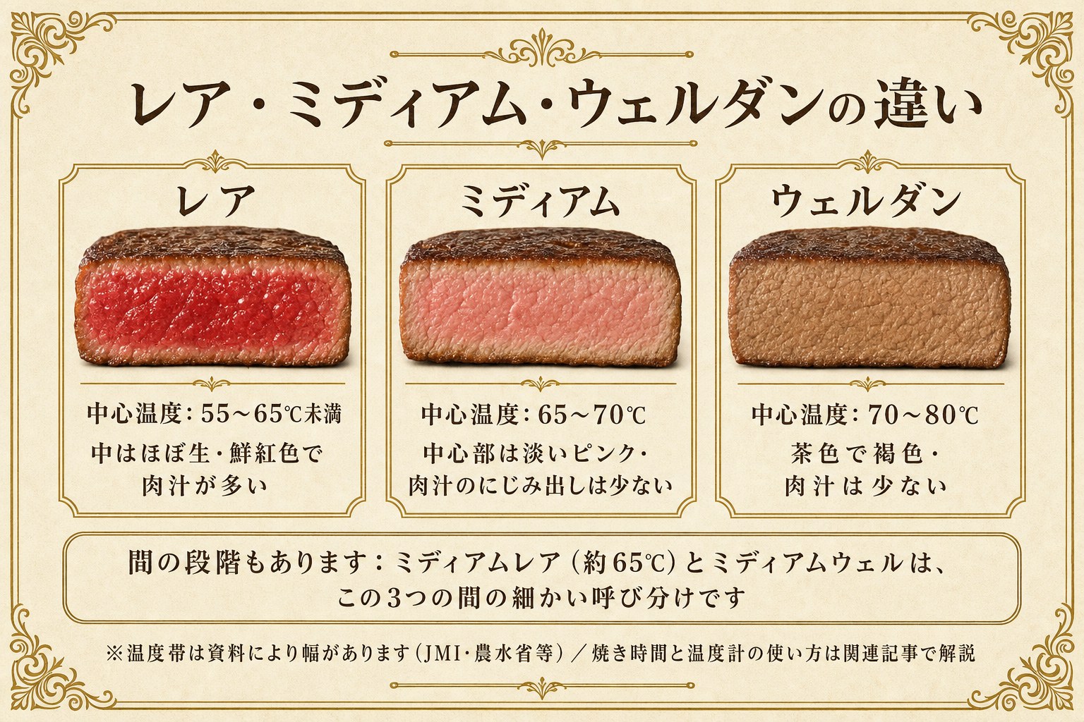 レア・ミディアム・ウェルダンの断面と温度の図解