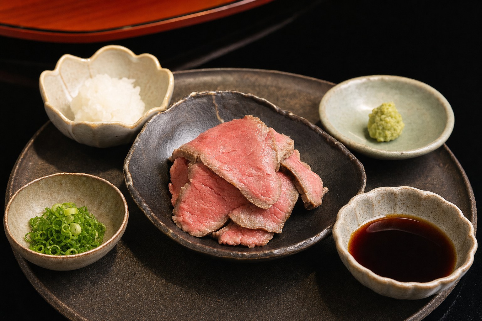 和風の薬味とたれを添えたローストビーフ
