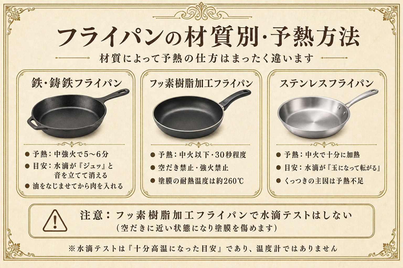 フライパン材質別の予熱方法の図解