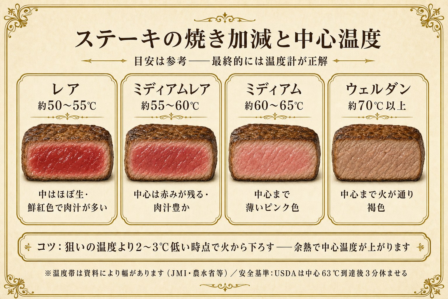 ステーキの焼き加減と中心温度の図解