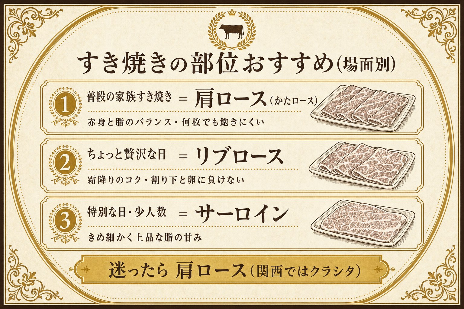 すき焼きの部位おすすめ(場面別)