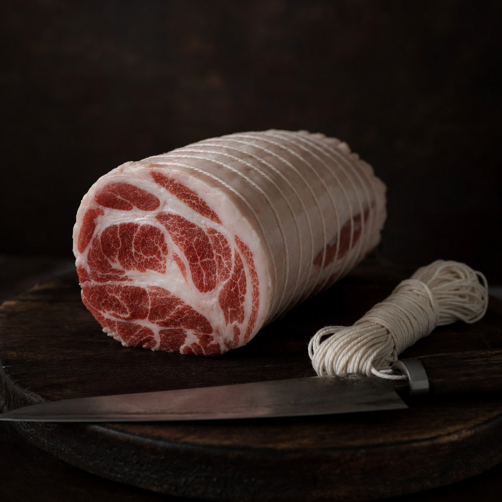 たこ糸で形を整えた焼き豚用の肉