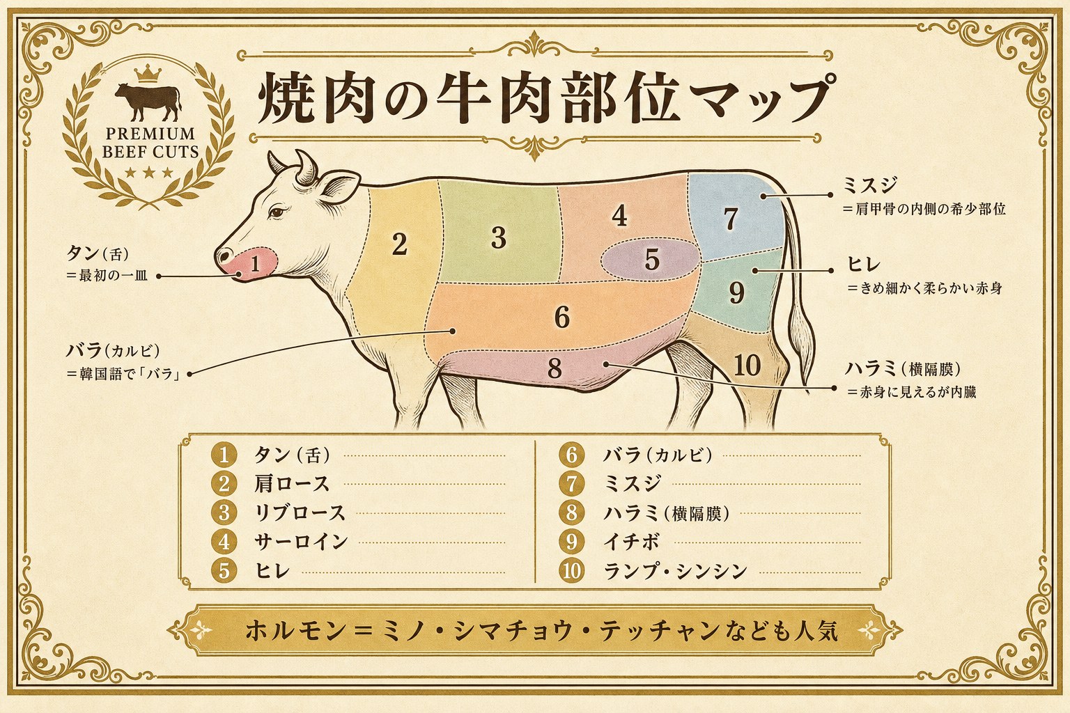 焼肉の牛肉部位マップ(主要10部位)
